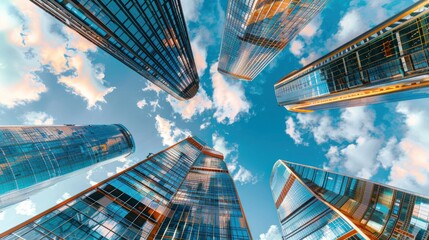 Bottom view of the skyscrapers in the center, Business center. Office rental. Office real estate. High-rise