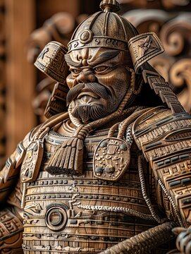 A wooden sculpture of the Japanese samurai deity, Hachiman, in traditional armor