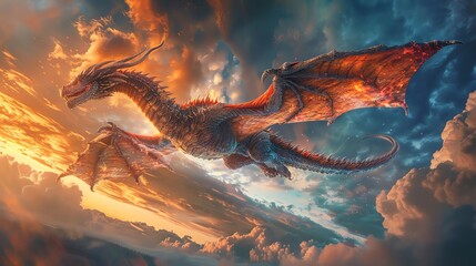 Craft a stunning image of a majestic dragon in flight from a low-angle view, with iridescent scales gleaming under the sunlight, against a vivid, dramatic sky Utilize digital rendering techniques for