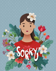 a card saying sorry and a woman, girl with flowers