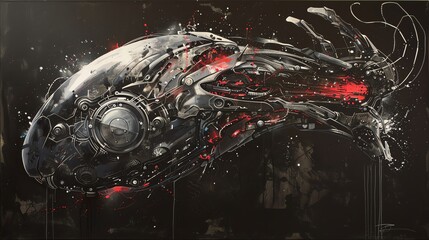 Naklejka premium Craft a traditional art masterpiece depicting an Aerial view Cyberpunk Hybrid Beast using a mix of acrylic and pen and ink techniques to showcase the intricate fusion of robotic and organic elements,