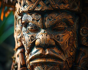 The Hawaiian god Ku, god of war, carved with intricate tribal patterns