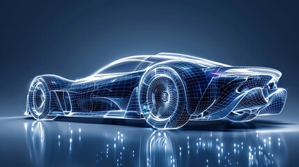 Naklejka premium Create a dynamic image of a long shot supercar, captured in a wireframe digital rendering technique Showcase the sleek curves and intricate details in a mesmerizing display of futuristic elegance