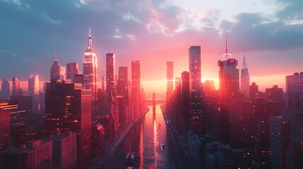 Fototapeta premium Create a striking 3D rendering of a futuristic city skyline at dusk Use CG techniques to showcase the buildings bathed in contrasting light, casting long shadows in a front-facing split-lighting compo