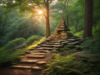 "Forest Sanctuary: Dusk's Glow on Pathway with Serene Stone Cairn"