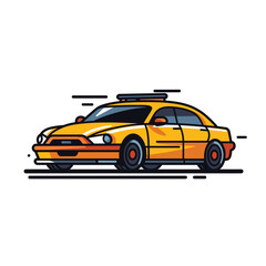 Yellow taxi distinctive style cartoon illustration. Vibrant colors modern taxi design, sleek sedan vehicle against isolated white background. Stylized city transport, cab car representation