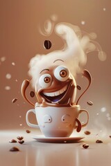 Adorable java joy: 3d cute cartoon happy coffee bean character with steam - bringing a smile with a delightful of a cheerful coffee bean, emanating steam from a brimming cup.