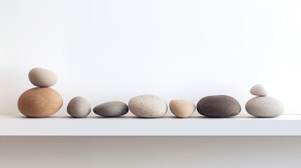 Zen stones on a white shelf next to the window with sunlight penetrating the room