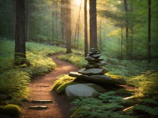 "Dusk's Embrace: Forested Trail Leading to Serene Stone Cairn"