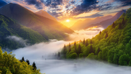 A serene sunrise over misty mountains with lush greenery