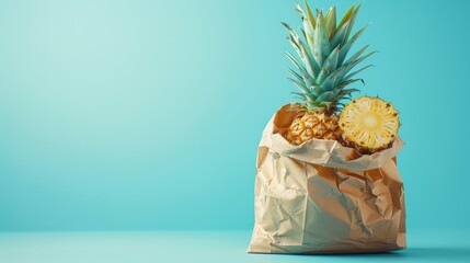 bright fresh pineapple, falling into a paper bag on a light blue background