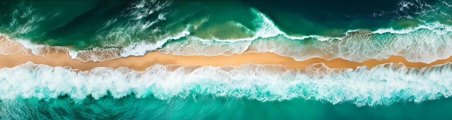 Fototapeta premium Sea and beach aerial view. Top view, amazing nature background. Beautiful beach of white sand surrounded by crystal clear water. Waves on the beach. Travel and vacation concept. Banner
