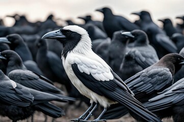 Fototapeta premium Black and white crow stands in a flock among black crows. Close-up of a crow. Portrait of a vulture in a group of birds