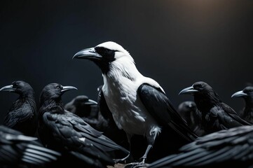 Black and white crow stands in a flock among black crows. Close-up of a crow. Portrait of a vulture in a group of birds