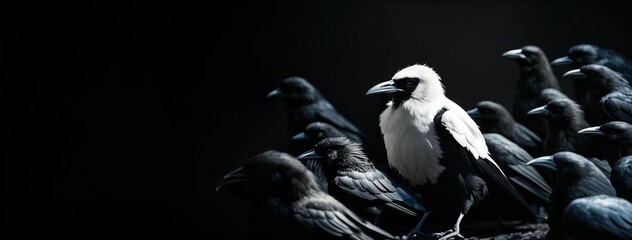 Black and white crow stands in a flock among black crows. Close-up of a crow. Portrait of a vulture in a group of birds. Banner - Powered by Adobe