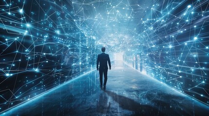Businessman walking to digital world which full of data network and wires, Represent digital world of technology big data innovation business investment, Business and technology AI concept, Cyberpunk