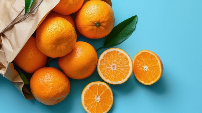 fresh oranges put in a paper bag on a light blue background
