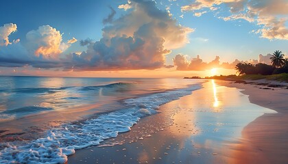 Naklejka premium a serene beach at sunset, with golden sands and vibrant clouds painting the sky