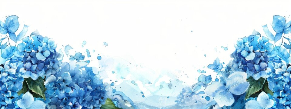 watercolor blue hydrangea border frame, sky background, white space in the middle of picture, vector illustration.