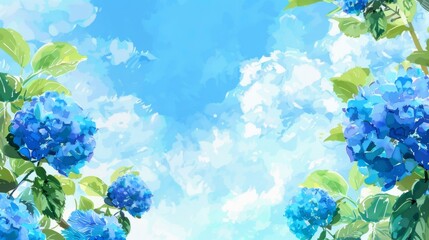 Fototapeta premium watercolor blue hydrangea border frame, sky background, white space in the middle of picture, vector illustration.