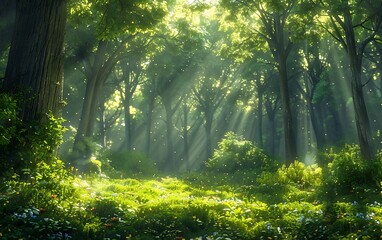 A tranquil forest scene, sunlight filtering through the lush green canopy