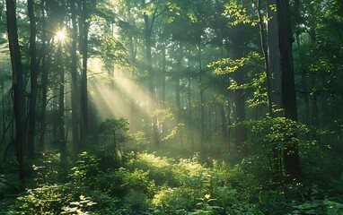 A tranquil forest scene, sunlight filtering through the lush green canopy