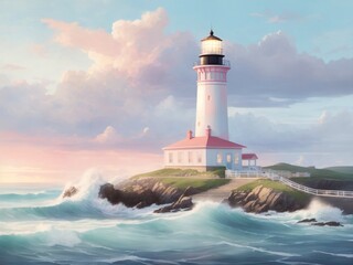 "Pastel Coastal Escape: Britteny Lighthouse Amidst High Waves"