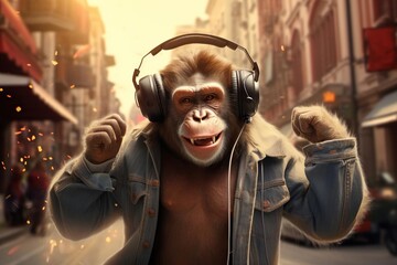 A cool monkey wearing a denim jacket and headphones is dancing down the street. He's got his arms in the air and he's looking like he's having a great time.