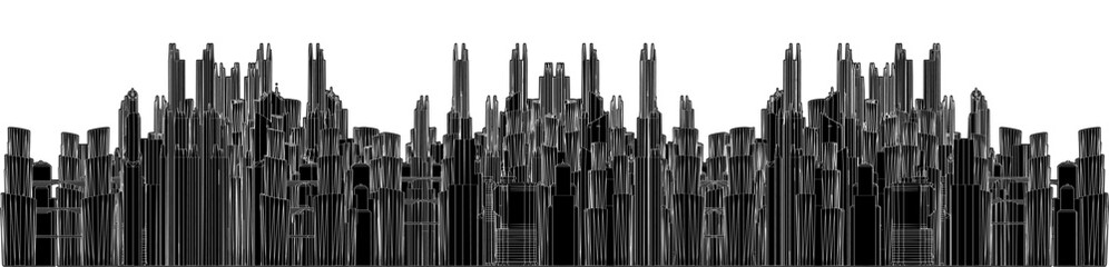 Obraz premium Futuristic City Of Skyscrapers Vector. Megalopolis City Landscape View. Illustration Of Construction Isolated On White Background.