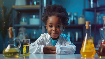 Candid happy young african american child in fancy dress as a scientist in a lab. AI generated - Powered by Adobe