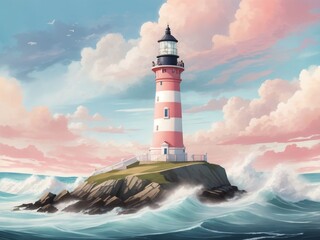 "Lighthouse Haven: Britteny Beacon in Pastel Poster Illustration"