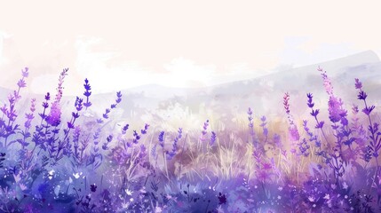 watercolor, purple wildflowers on field, light pastel blue background, dreamy mood.