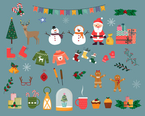 Set of holiday elements. New Year and Christmas. Santa Claus and snowmen. Gingerbread men and gifts, candles and lantern. Socks, garlands of flags. Mug with cocoa and cupcakes. Flat vector.