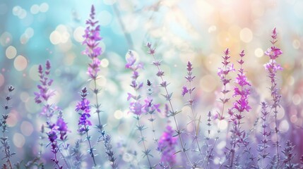 Obraz premium watercolor, purple wildflowers on field, light pastel blue background, dreamy mood.