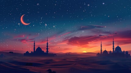 Nighttime Prayers at Desert Mosque: Illuminated by Stars & Crescent Moon, Muslims Worship Under the Sky