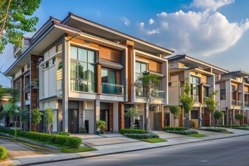 Fototapeta premium Affordable Townhome Community in Bangna Showcasing Modern Architectural Design and Lifestyle