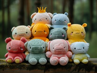 Obraz premium Assortment of Colorful Plush Toys Displayed in Natural Outdoor Setting