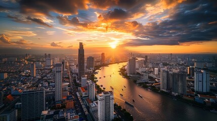 Captivating Sunset Cityscape with Towering Skyscrapers and Vibrant River
