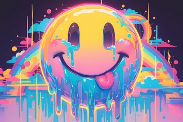 Smiling face melting with colorful, dripping paint on dark background. The happy emoji has its tongue out and is winking eye