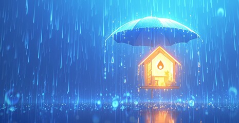 A house surrounded by raindrops on a dark blue background. The interior of the small home lights up with warm light inside. This concept symbolizes protection and security for residential spaces.