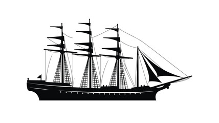 Silhouette tall ship sails across sea under full sail. Black white design pirate vessel historical. Oldfashioned sailing ship silhouette isolated white