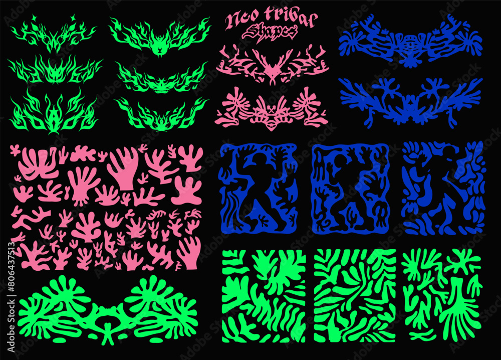 Poster mega set of neo-tribal forms and shapes. organic cyberpunk elements in neon colors.