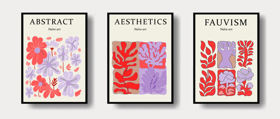 Set of pretty posters with floral design in neutral pastel colors.