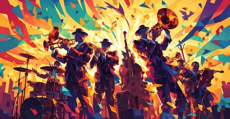 A vibrant and dynamic illustration of a jazz big band, composed entirely from geometric shapes