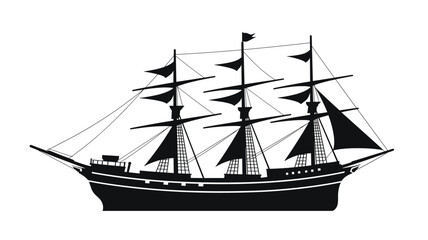Black silhouette sailing ship three masts sails. Vintage vessel sea ocean maritime transportation. Tall sailboat nautical travel isolated white background
