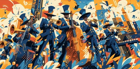 A vibrant and dynamic illustration of a jazz big band, composed entirely from geometric shapes