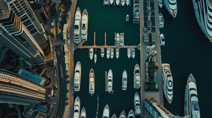 Aerial view on Dubai Marina the most luxury yacht in harbor timelapse. Towers along walking area on...