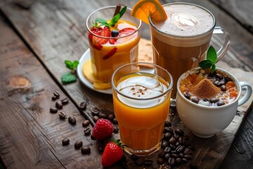 Diverse Breakfast Beverages Showcased in a Cozy and Inviting Caf Setting