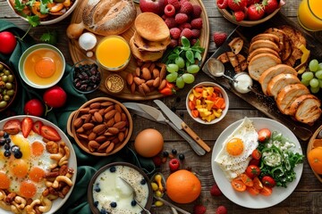 Diverse and Delightful International Breakfast Spread on Rustic Wooden Table