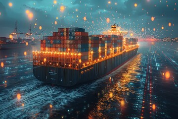 A large container ship is sailing on the sea, with many containers stacked and several cargo trucks nearby. The background features an orange line grid representing data flow, with digital connections